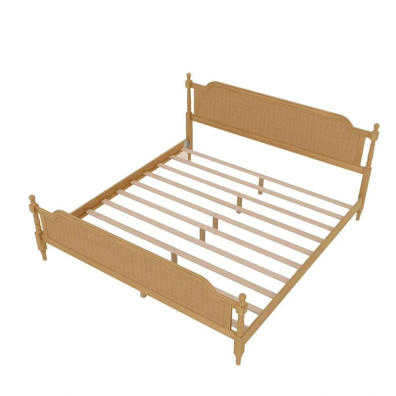 Lit plateforme traditionnel avec tête et pied de lit en rotin – Pin massif, King/Queen