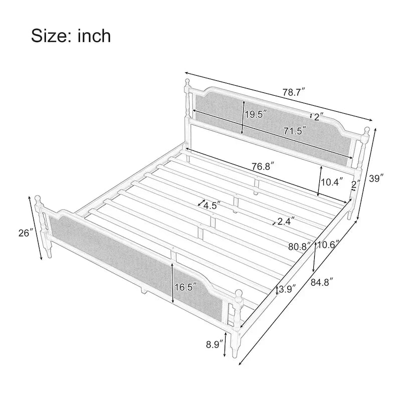 Lit plateforme traditionnel avec tête et pied de lit en rotin – Pin massif, King/Queen