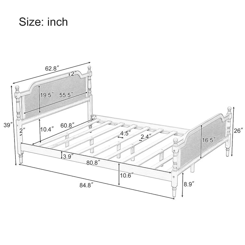 Lit plateforme traditionnel avec tête et pied de lit en rotin – Pin massif, King/Queen