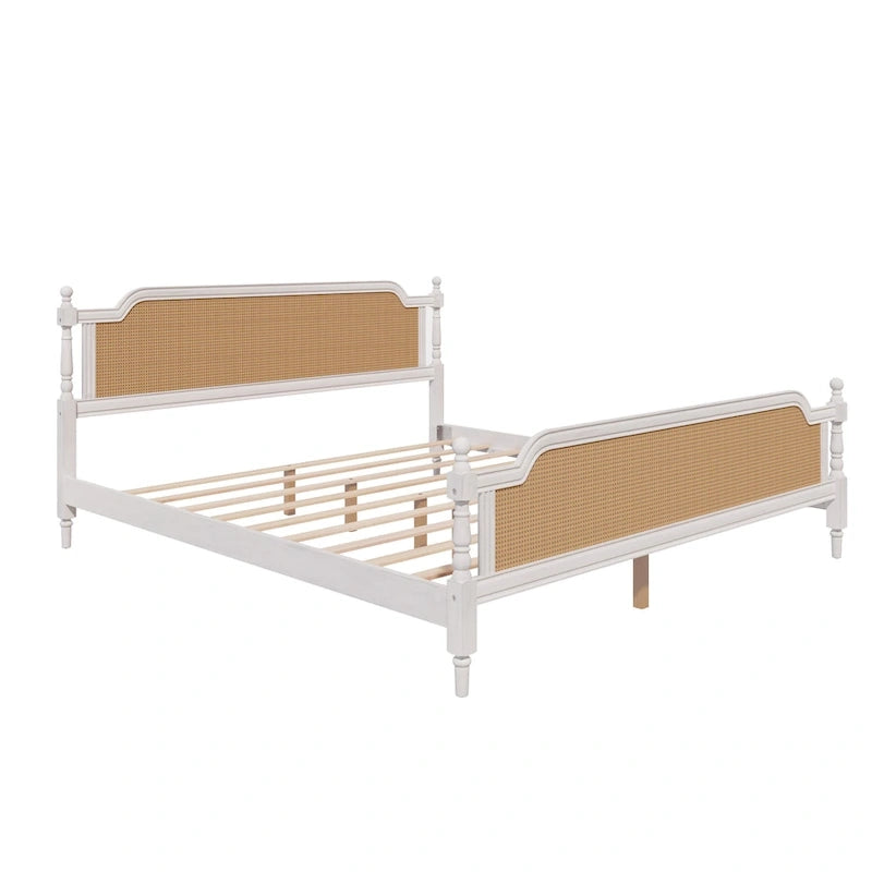 Lit plateforme traditionnel avec tête et pied de lit en rotin – Pin massif, King/Queen