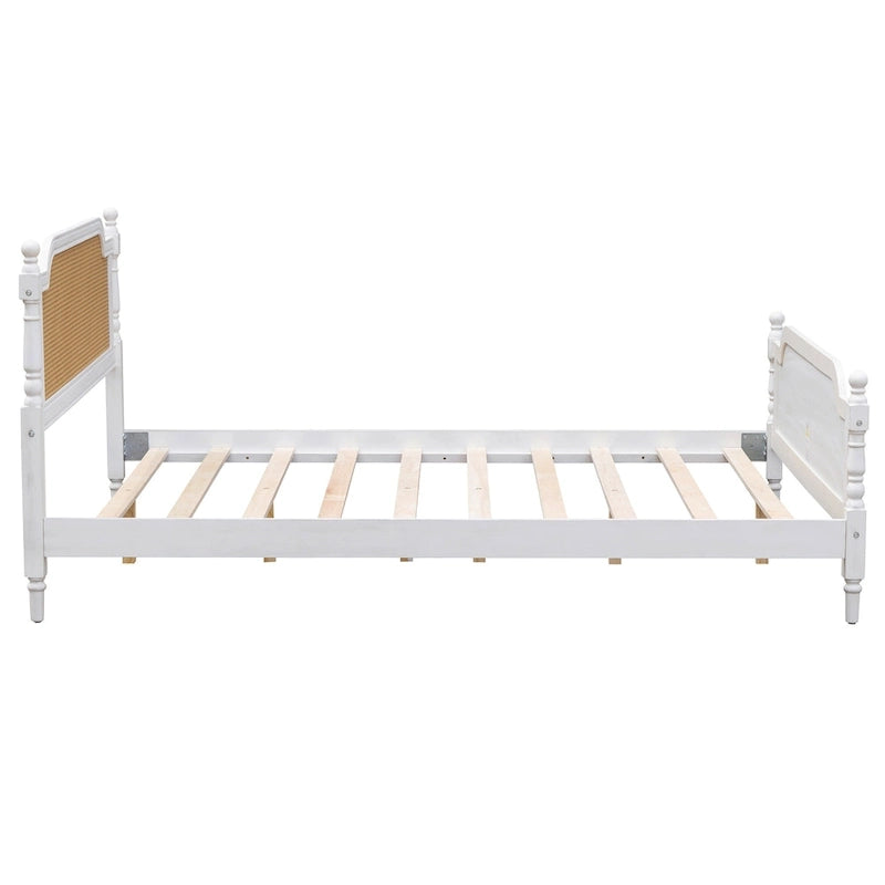 Lit plateforme traditionnel avec tête et pied de lit en rotin – Pin massif, King/Queen