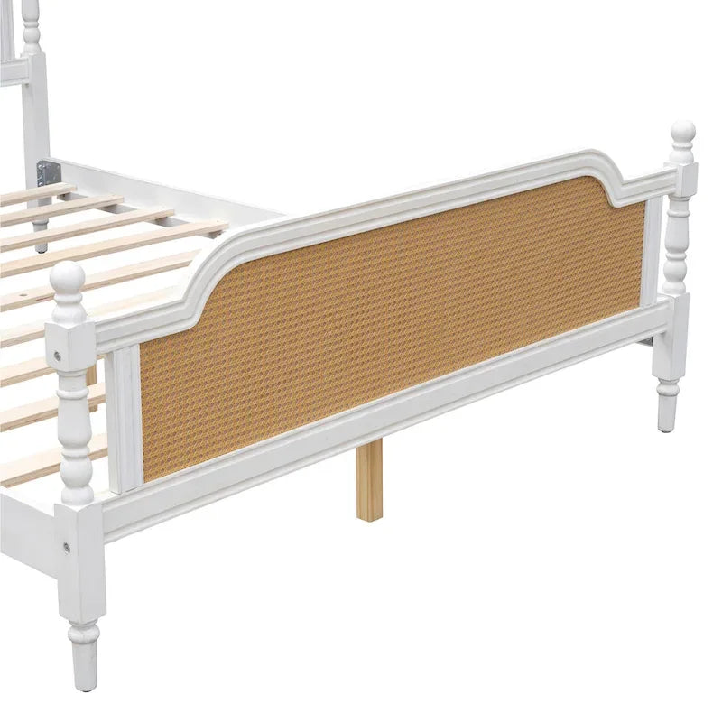 Lit plateforme traditionnel avec tête et pied de lit en rotin – Pin massif, King/Queen