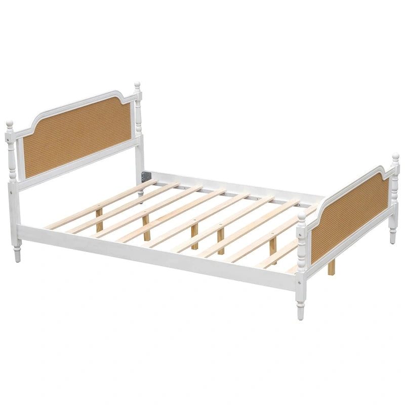 Lit plateforme traditionnel avec tête et pied de lit en rotin – Pin massif, King/Queen