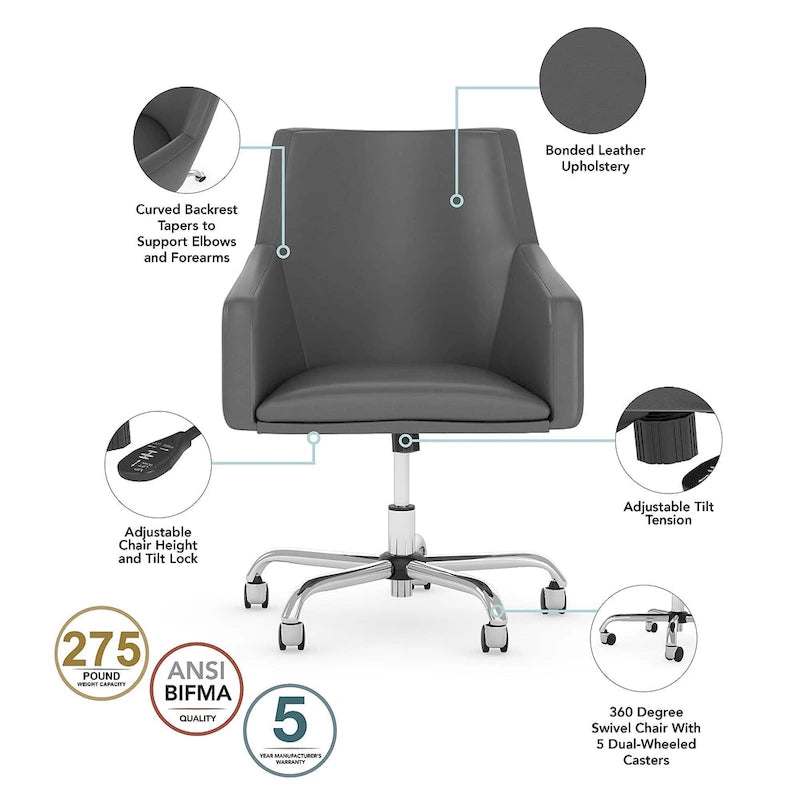 Chaise de bureau mi-hauteur en cuir – Piètement chromé, hauteur réglable, capacité de 125 kg